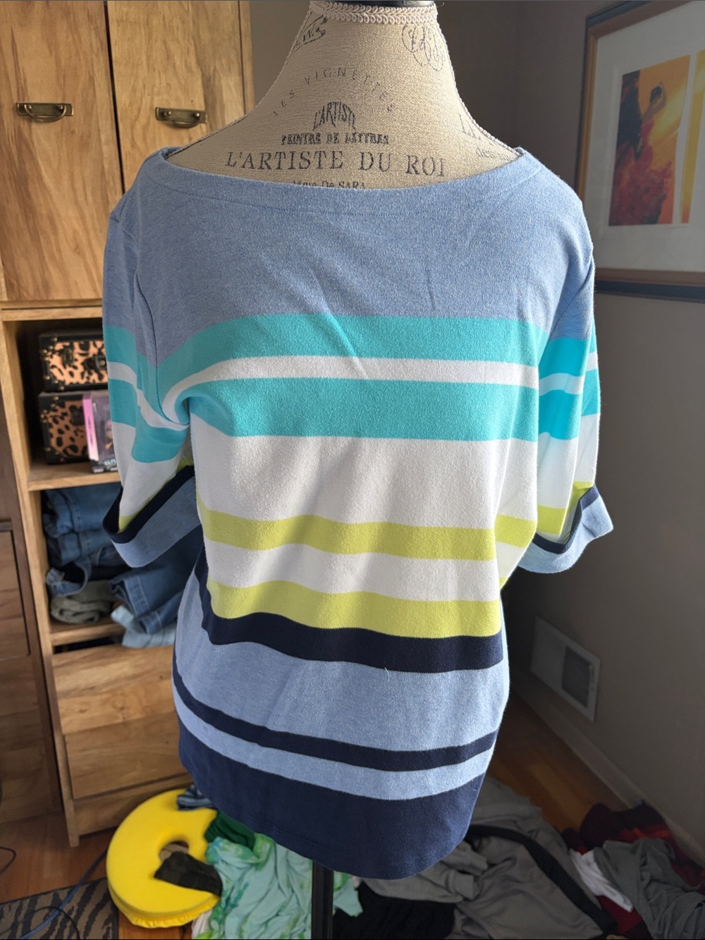 Karen Scott Striped Short-Sleeve Knit Sweater - Light Blue, Teal & White- XL